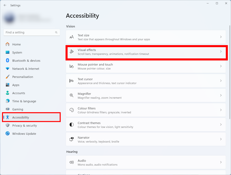 Open the Accessibility settings then click Visual effects under Vision on the right